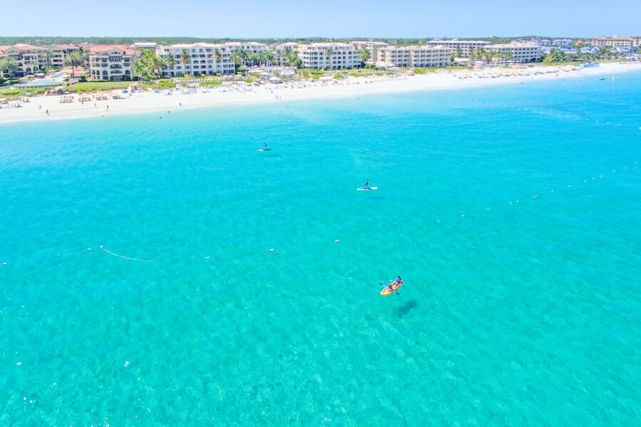 Aerial photo of kayaks and stand up paddle boards at Grace Bay