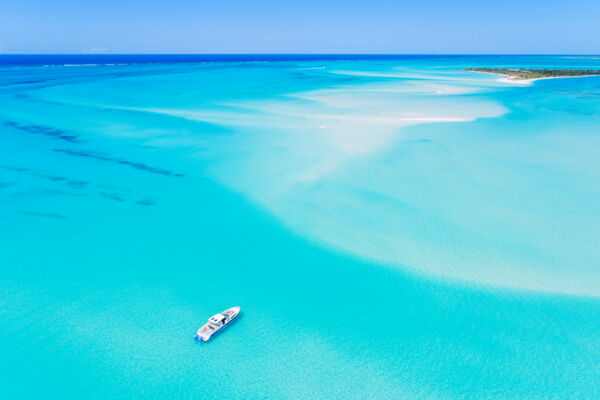 Aerial view of a yacht near Pine Cay in the Turks and Caicos