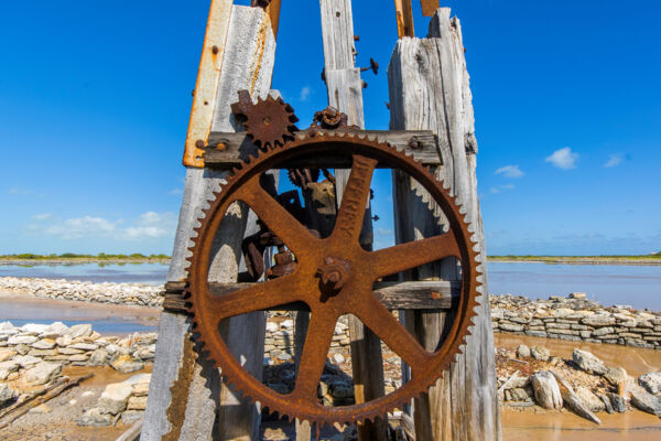 Cast iron gears on a windmill pump in the salinas on South Caicos.