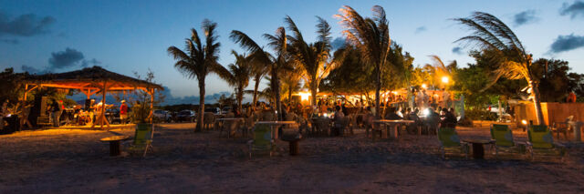 Bugaloo's Restaurant on the beach at Five Cays at dusk