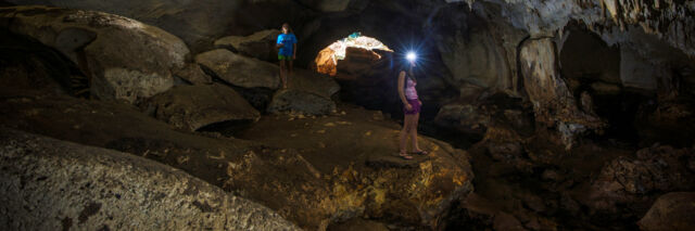 Exploring the central galleries at Conch Bar Caves on Middle Caicos