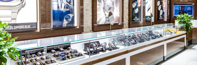 Watch cases in a jewelry store in Grace Bay