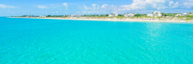 Aerial view of Long Bay Beach and vacation rental villas on Providenciales