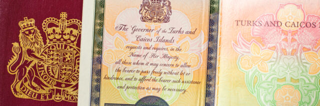 The cover and inside leaf of a Turks and Caicos passport