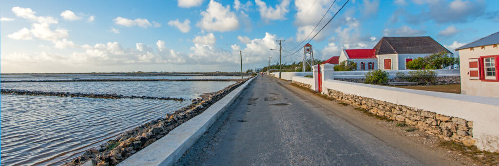 The salinas and Victoria Street at Balfour Town on Salt Cay