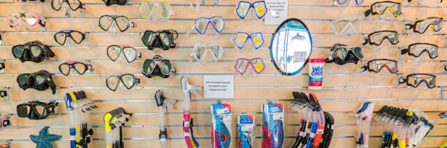 Selection of snorkel masks for sale at the Dive Provo shop in Grace Bay