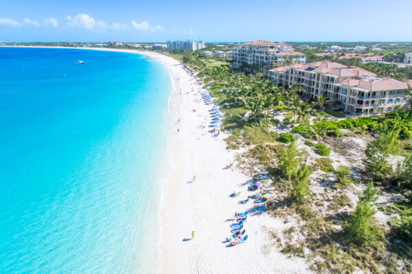 Aerial view of the resorts and beach at Grace Bay on Providenciales