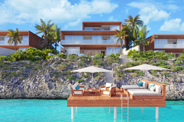 Rendering of a luxury villa on a rocky cliff with an over-water swim deck.