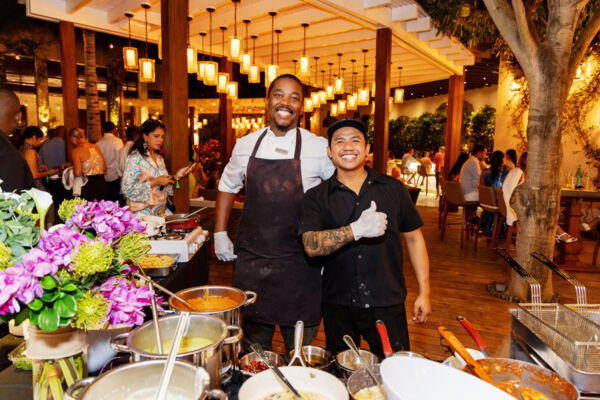 Waiters serving a buffet dinner at The Shore Club resort on Providenciales.