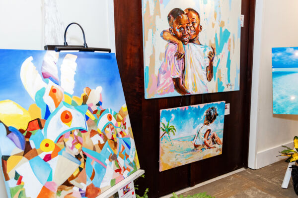 Canvases on display at an art auction in Turks and Caicos.