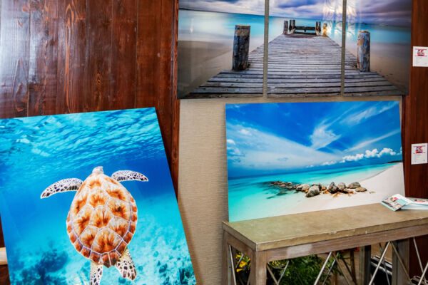 Photography prints on display at an art event.