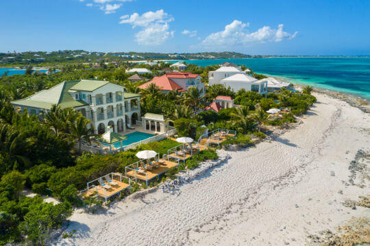 Aerial view of the beach and Beach Villa Paprika