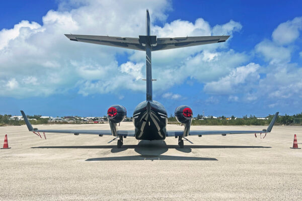 A private aircraft on the apron of an FBO in Turks and Caicos.