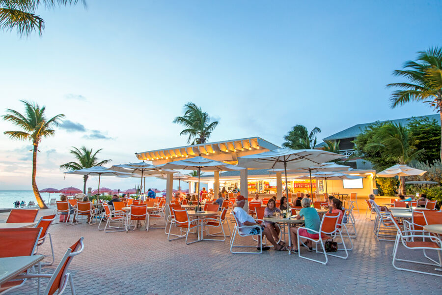 Sunset at an outdoor resort restaurant in the Turks and Caicos Islands.