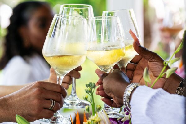 Women toasting fine wine at a lunch in Turks and Caicos.