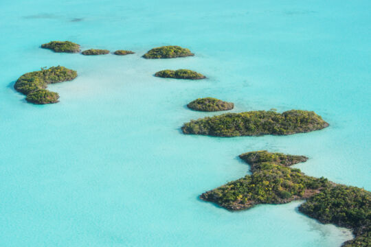 Aerial view of the tiny islands in Chalk Sound National Park