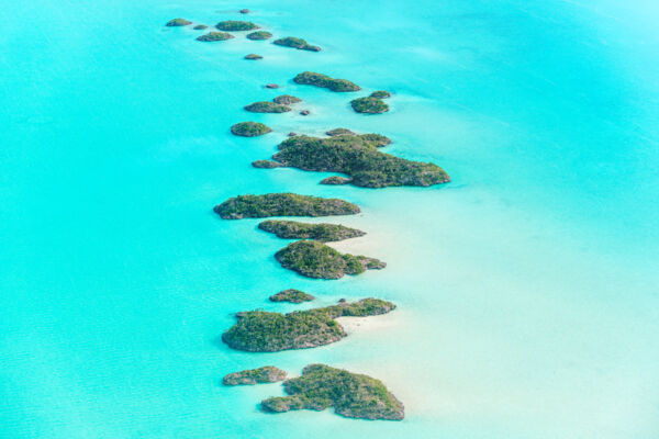 Aerial view of small islands in the Chalk Sound National Park.