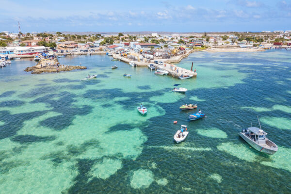 Aerial view of boats moored near Cockburn Harbour, South Caicos. 