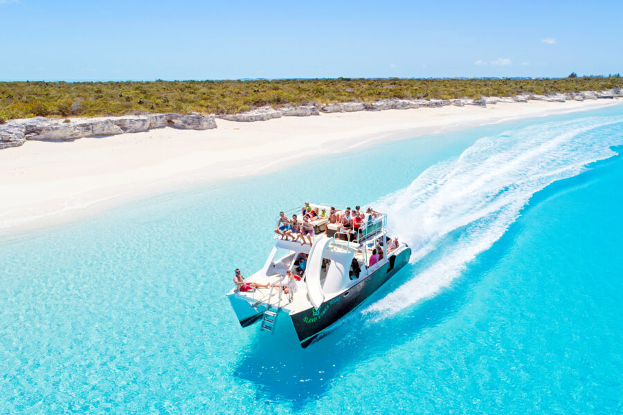 Aerial view of a tour boat near Water Cay