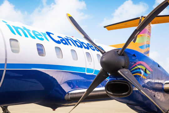 Close-up of an interCaribbean plane and propeller