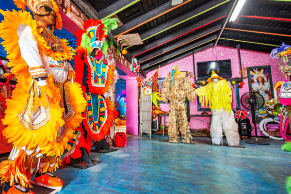 Colorful handmade costumes inside the Turks and Caicos Junkanoo Museum.