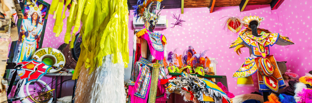 Colorful handmade costumes inside the Turks and Caicos Junkanoo Museum.