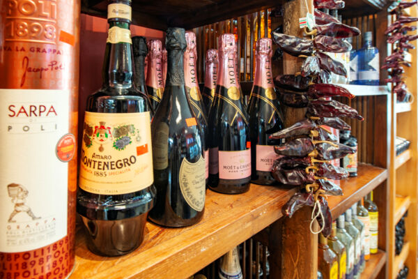 Champagne, grappa, and amaro for sale at a deli in Turks and Caicos. 