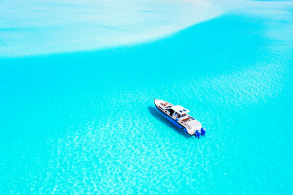 Aerial view of a 47' Windy yacht in the Turks and Caicos