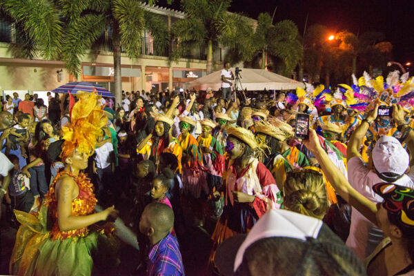 Junkanoo band wearing straw hats at Maskanoo.