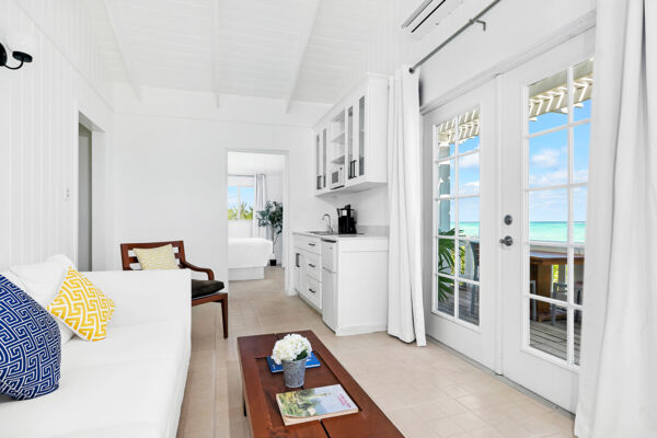 Interior of a hotel suite overlooking the beach in North Caicos. 