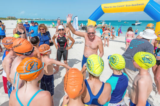 Professional marathon swimmer Yuko Matsuzaki promoting Race for the Conch in 2015. 