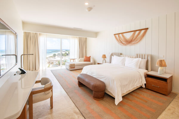 Interior of a modern penthouse bedroom suite at Salterra Resort & Spa on South Caicos.