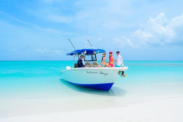 Powerboat parked at a beach in Turks and Caicos. 