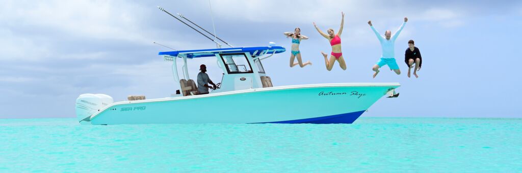 Family on a boat in Turks and Caicos.