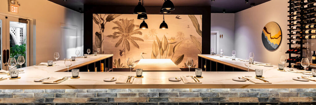 Interior of an upscale gourmet restaurant in Grace Bay, Turks and Caicos. 