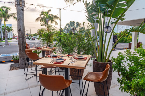 Outdoor dining area in Turks and Caicos during sunset. 