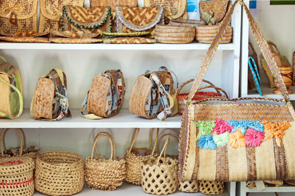 Hand woven baskets and bags in a Turks and Caicos store.