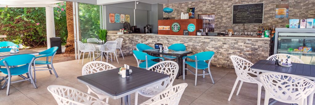 Interior of an alfresco coffee shop in Turtle Cove, Turks and Caicos. 