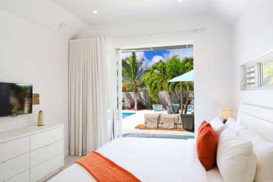 View from a bright and airy luxury villa bedroom on Providenciales. 