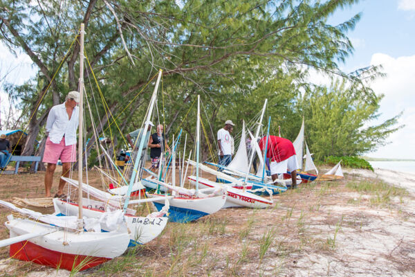 A line of model sailboats on Bambarra Beach, Middle Caicos.