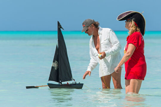 Model pirate sailboat on Bambarra Beach, Middle Caicos.