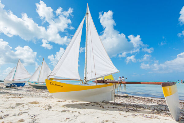 Closeup of a model Caicos Sloop at Bambarra Beach.