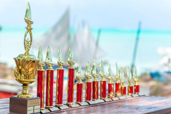 Trophies for the Valentine's Day Cup competition on Bambarra Beach. 