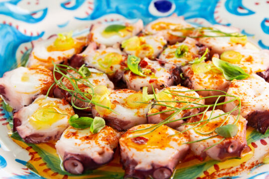 A colorful plate of chargrilled octopus bites, topped with candied lemon, from Vita restaurant.