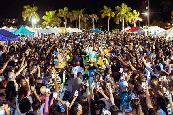 Junkanoo band performing for a large crowd at the Providenciales Fish Fry.