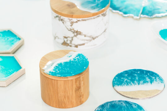 Decorative salt container and coasters